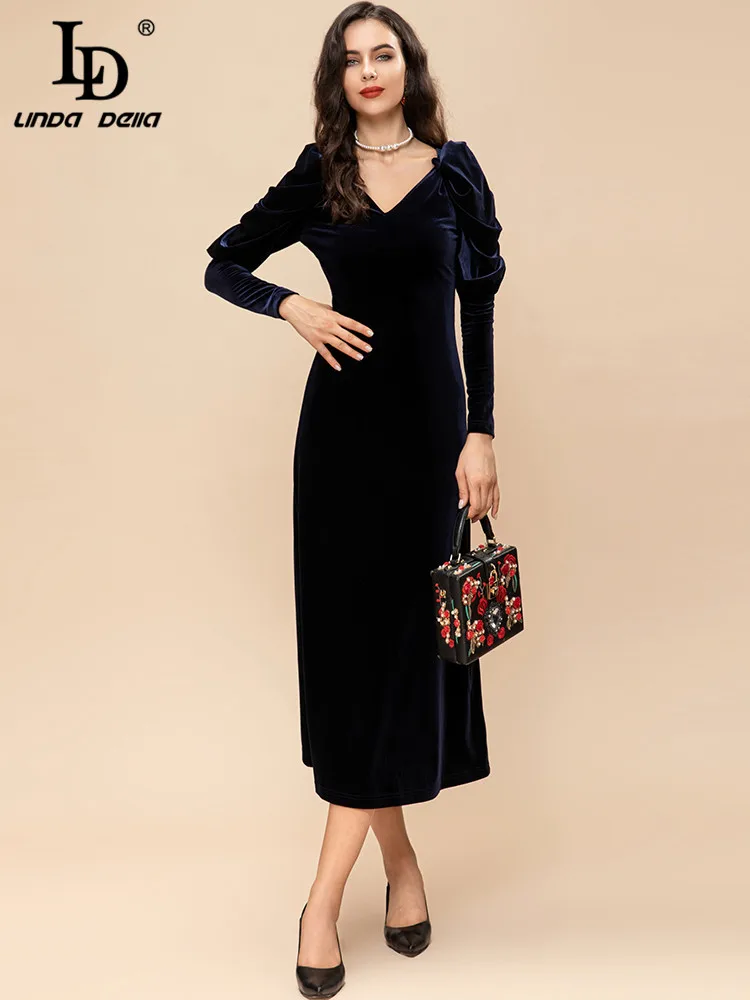 

LD LINDA DELLA Fashion Runway Designer Spring Dress Women V-neck Long Puff Sleeve Slim Blue Velvet Dress