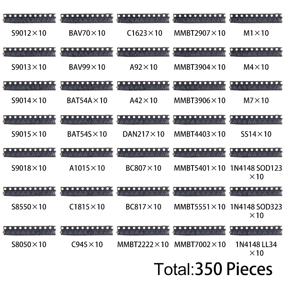 350PCS S9012 35Values SMD Transistor and Diode Kit SOT23 (S9012/BAV70/1N4148 etc.) for Arduino DIY Electronic Circuit Project