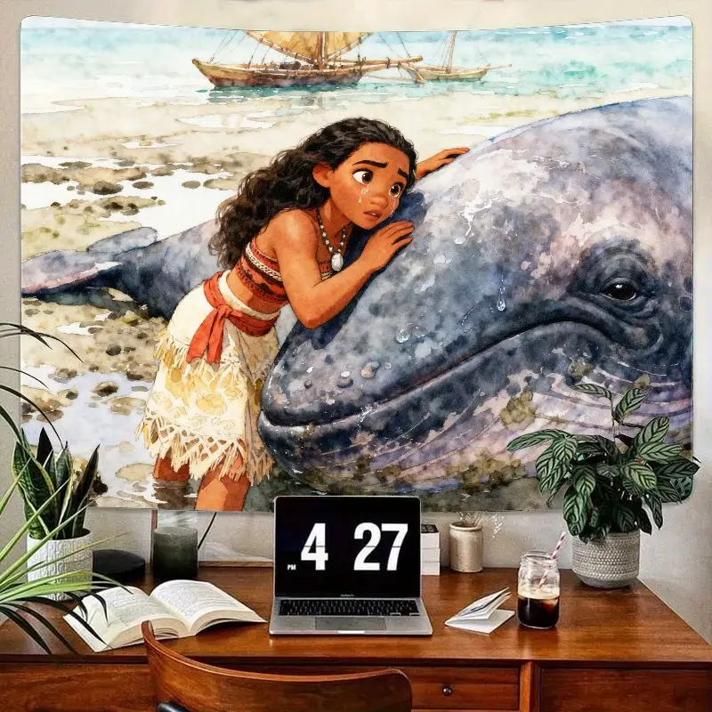 

1PC Moana Inspired Crying Girl & Whale Tapestry, Watercolor Ocean Beach Wall Art, Modern Polyester Room Decor for Teens Gift