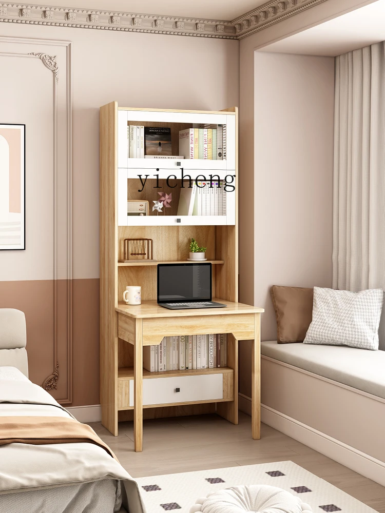 ZK Solid Wood Folding Desk Bookcase Integrated Bedroom One-Piece Desk Cabinet Home Student Milk White Computer Desk Bookshelf