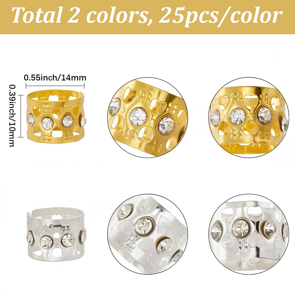 1Box 50Pcs Gold Hair Cuffs Clips Silver Braid Cuff Metal Hollow Rhinestone Dreadlock Coil Clip Stylish Hairs Jewelry Decorations
