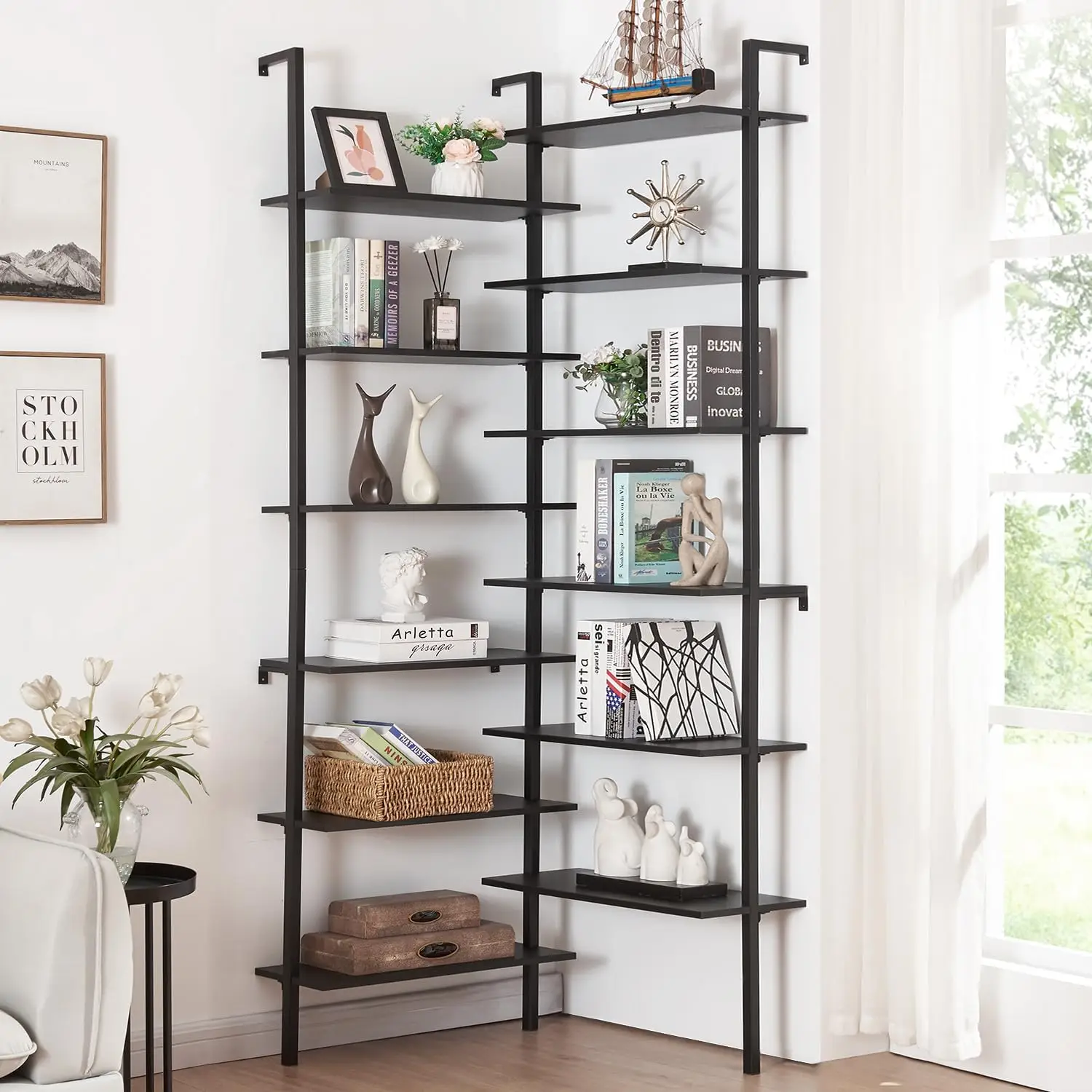 

HOMISSUE Corner Bookshelf, 12-Tier L Shaped Bookshelf, Double Wide Corner Wall Mount Bookcase with Metal Frame and Wood