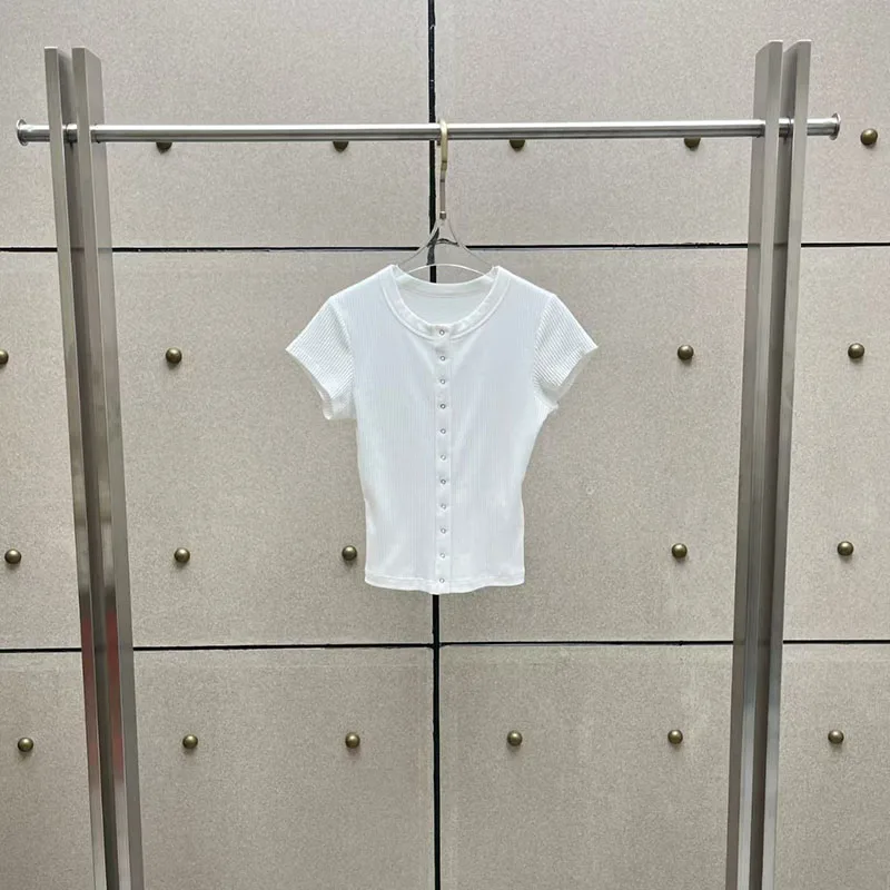 Women's Single-Button Ribbed T-Shirt, Round-Neck Short-Sleeve Top. Fashionable, figure-flattering T-shirt, 2026, NewArrival, Y2k