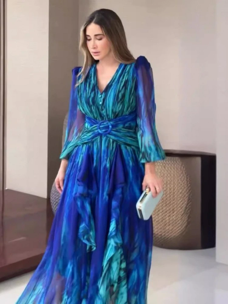 2025 Abito estivo in chiffon con stampa a vita alta con scollo a V a trapezio Abiti stile vintage Abito da sera maxi da ufficio a maniche lunghe per le donne