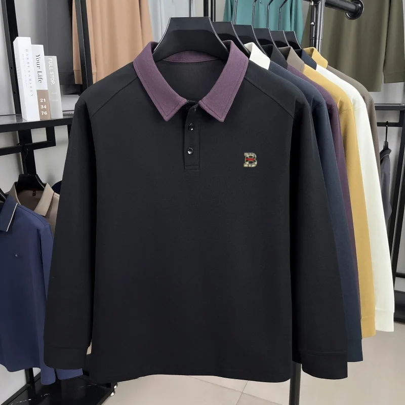 Luxury brand trend long sleeve men polo shirt letter embroidered spring autumn comfort casual unique color blocked lapel T-shirt