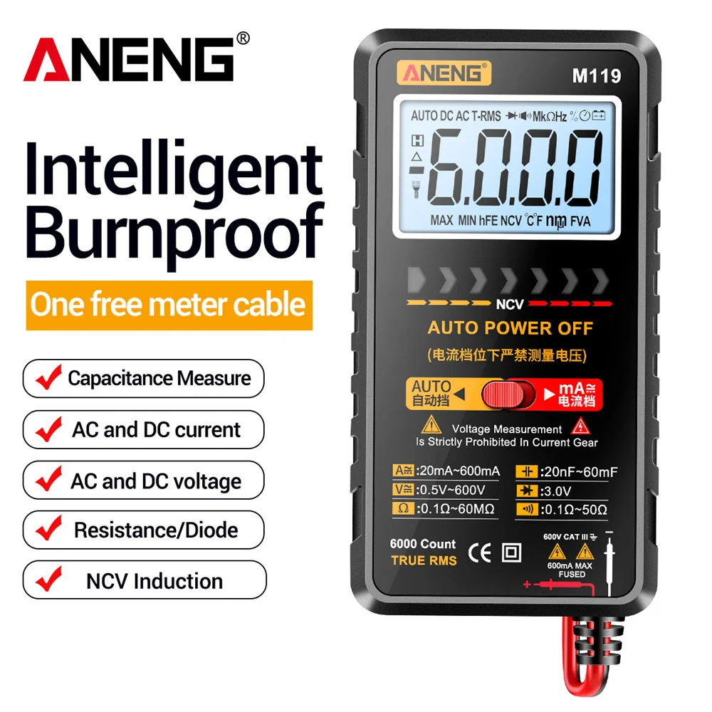 ANENG M119 Digital Multimeter 6000 Counts Multifunctional Tester Automatic Switching LCD Transistor for Electrician Accessories