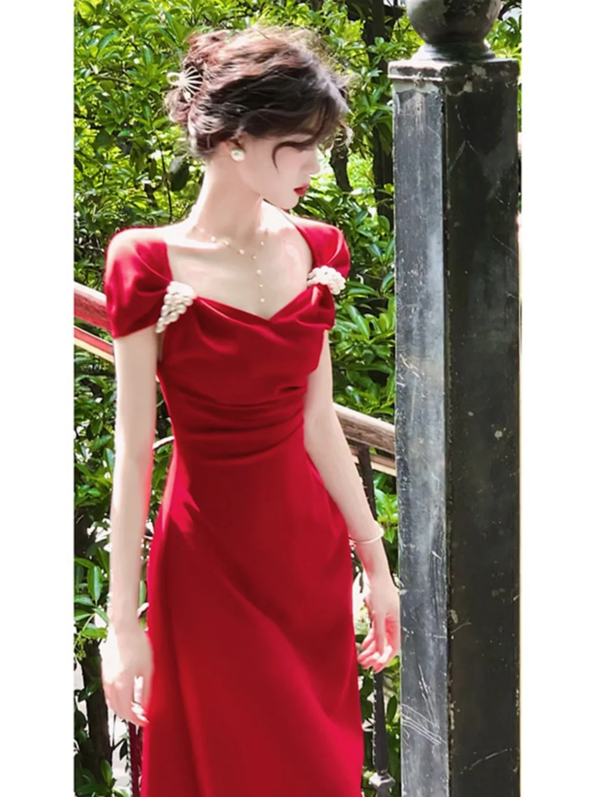 

Новое летнее свадебное платье 2024 года, красное платье для невесты, для церемонии причастия, с коротким рукавом, длинное, однотонное, на молнии