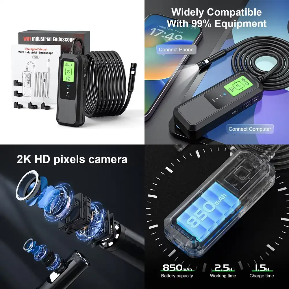 

Беспроводная промышленная инспекционная камера W600 8 мм с Wi-Fi, высоким разрешением, двумя объективами и функцией бороскопа для осмотра труб