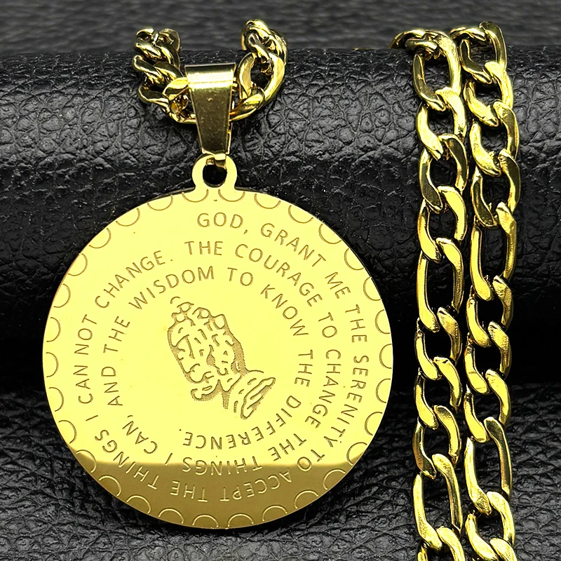 Hip Hop Bible Verse Prayer Hand Medal Necklace Women Men Stainless Steel Silver Color Christian Pendant Necklaces Jewelry N2929
