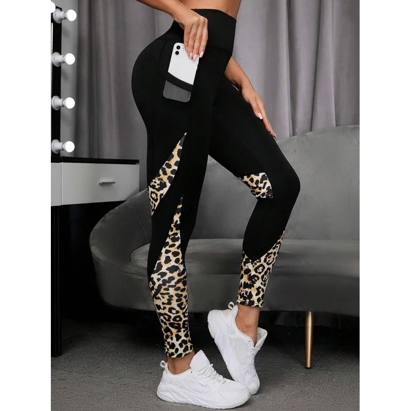 Women Printed Yoga Leggings Leopard Splicing Together Leggings High Waist Butt Lift Fashion Fitness Running with Pocket Legging