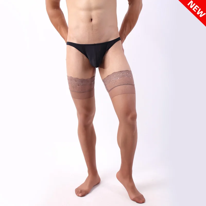 2 Pairs Man Ultrathin Anti-slip Nylon Stockings Mans Transparent Sexy Lace Thigh High Socks Gift for Men Stocking Male Socks New