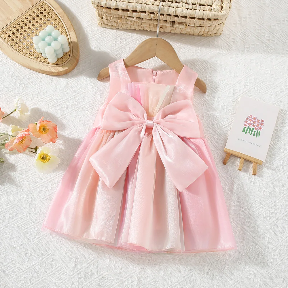 Summer baby girl dress with large bow and colorful mesh stitching zippered back sleeveless princess dress