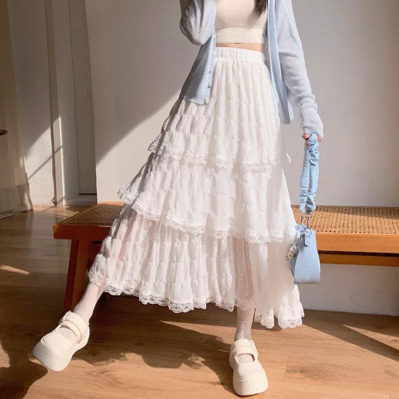 Sweet Lace Ruffles Long Skirt Women Summer Cute Puff Cake A Line Skirt Woman Korean Style High Waist White Chiffon Tulle Skirt