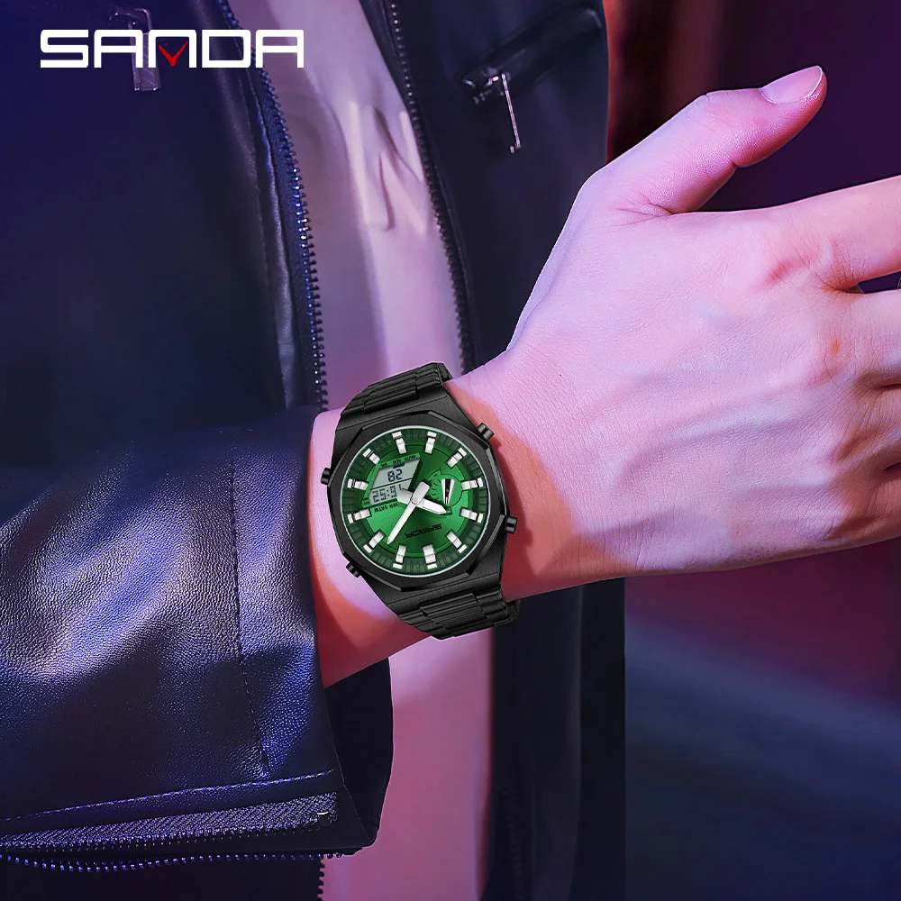 SANDA 3376 นาฬิกาผู้ชาย 2025 ใหม่นาฬิกาอิเล็กทรอนิกส์เหล็กแนวโน้ม Cool นาฬิกาปลุกมัลติฟังก์ชั่นนาฬิกาสําหรับชายนาฬิกาของขวัญ