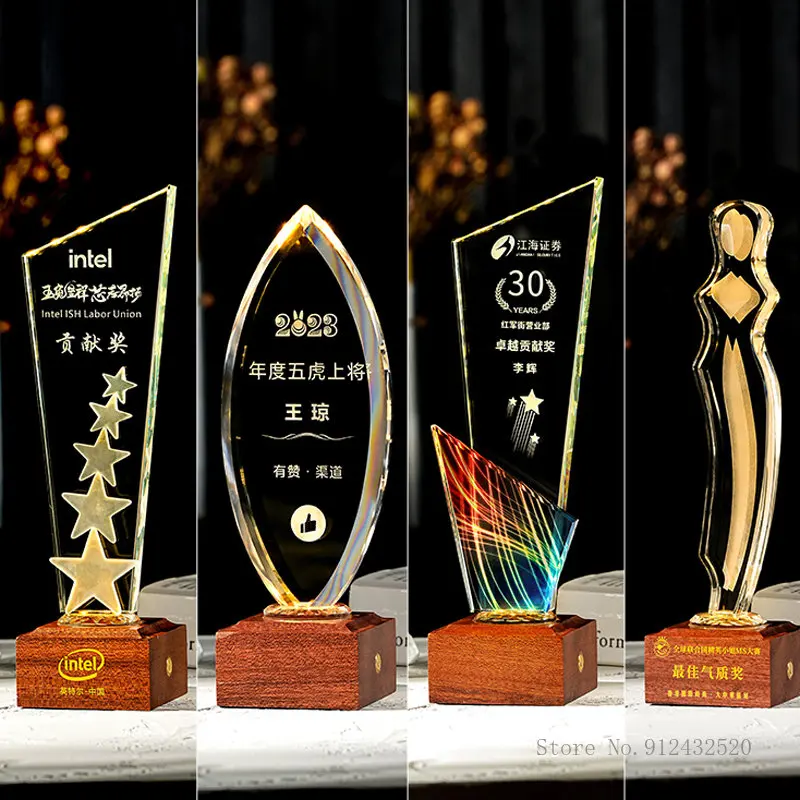 Creative Customized Carving Crystal Trophy, Luminous Wooden Base, Company Annual Meeting Award Plate, Home Decor Souvenir