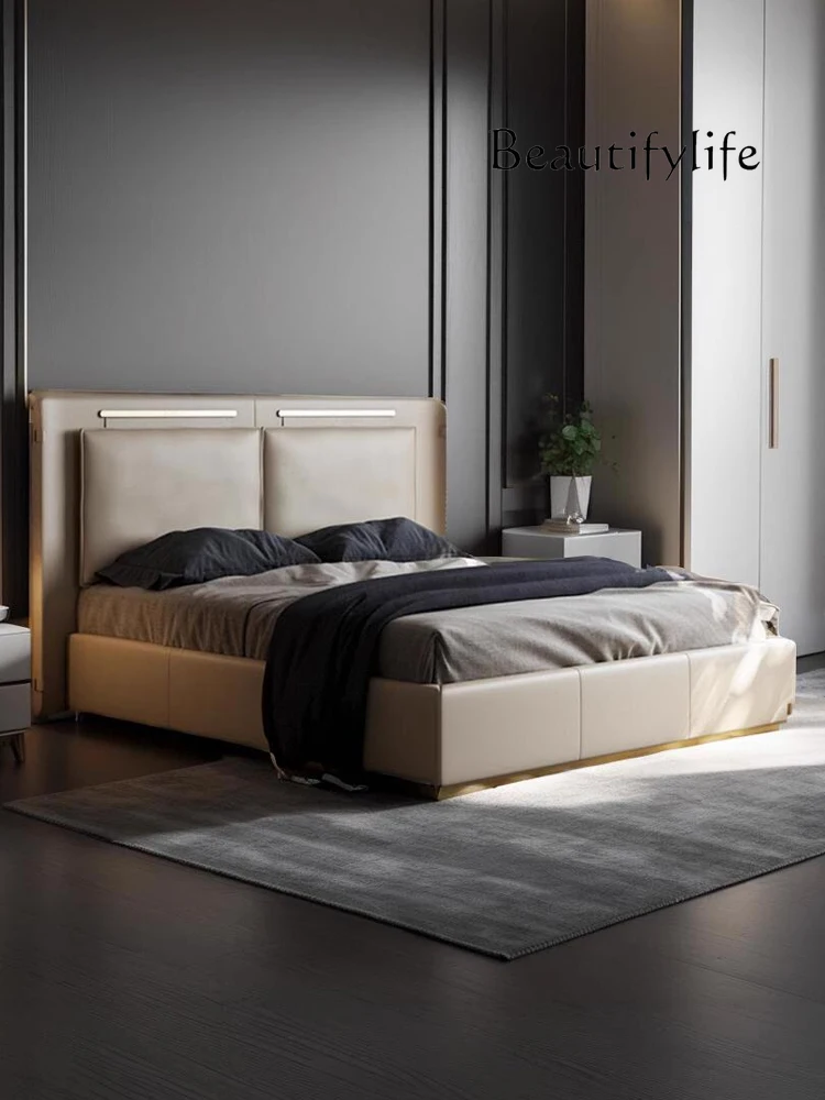 Italian Style Light Luxury Elegant Genuine Leather Modern Minimalist Master Bedroom Bed Leather Soft Bag Double Bed