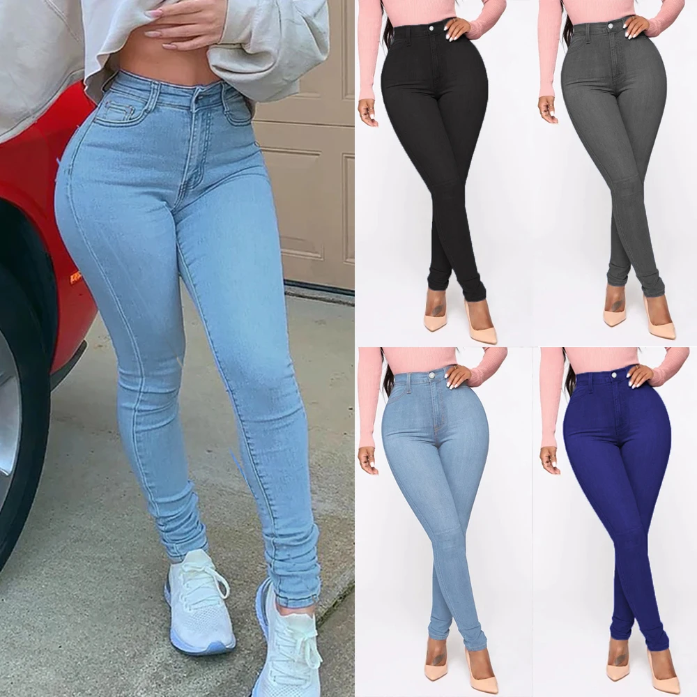 High Waist Women\'s Jeans Stretch Skinny Denim Pants Blue Retro Washed Elastic Slim Pencil Trousers