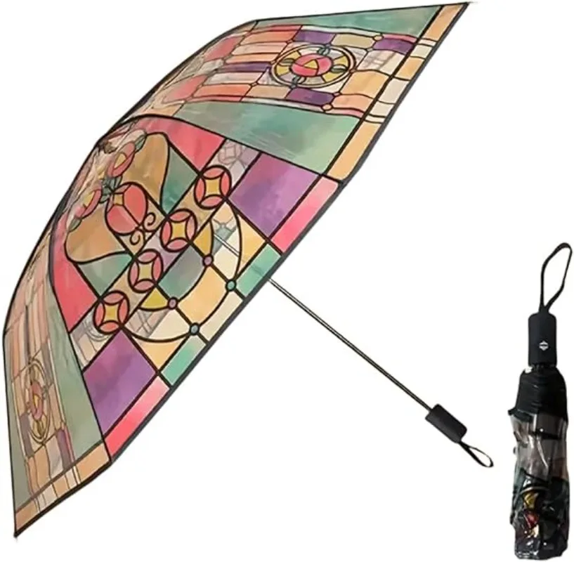 4PCS New Design Retro Palace Style Stained Glass Long Handle Automatic Auto Open Folding Transparent Handle Umbrella