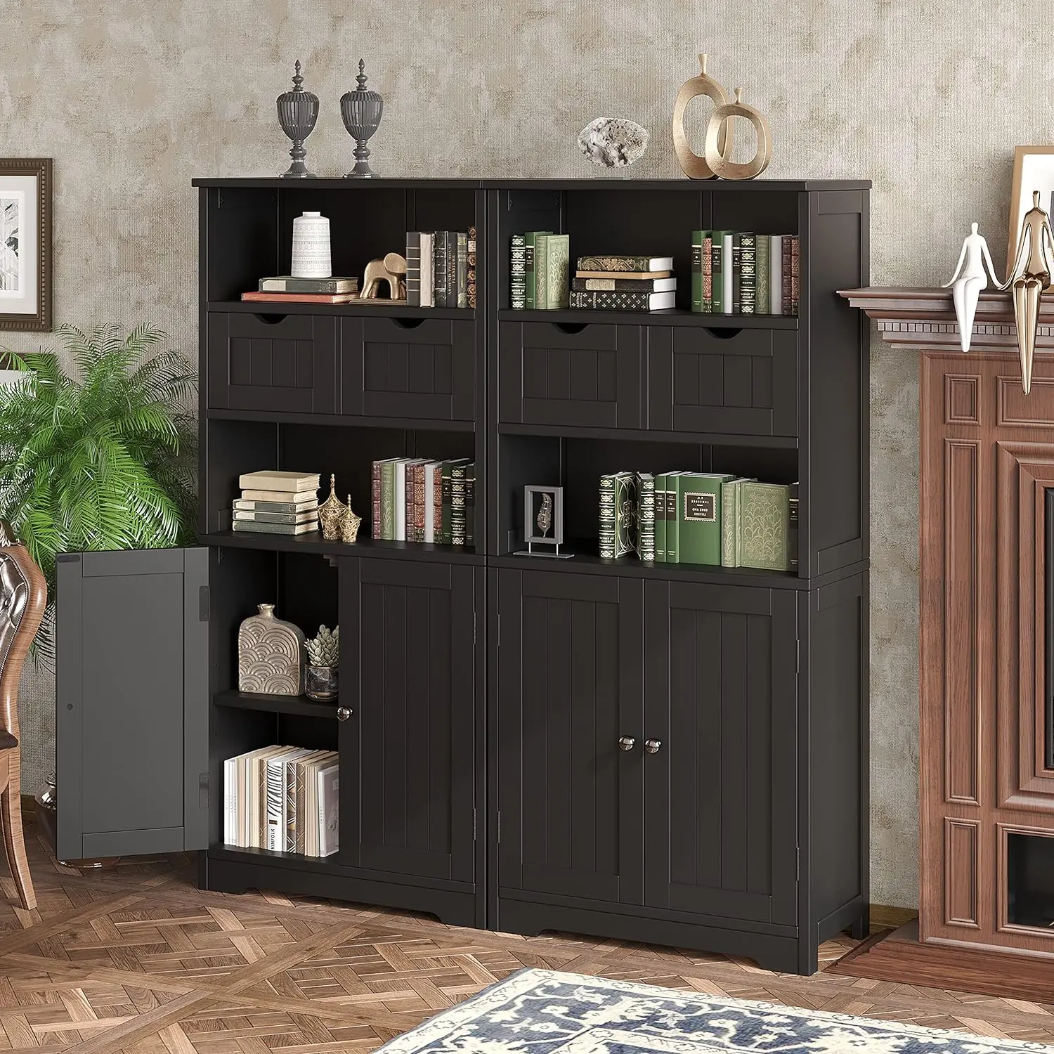 

Bathroom Cabinet with Removable Drawers, Storage Cabinet with Doors and Adjustable Shelf, Large Display Cabinet, Black