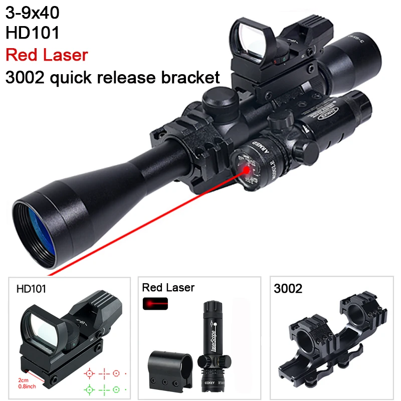 NONE Zielfernrohr 3-9x40 Zielfernrohr Taktische Jagd Zweite Brennweite Zubehör mit HD101 Red Dot und Rot Grün Laser Combo 4