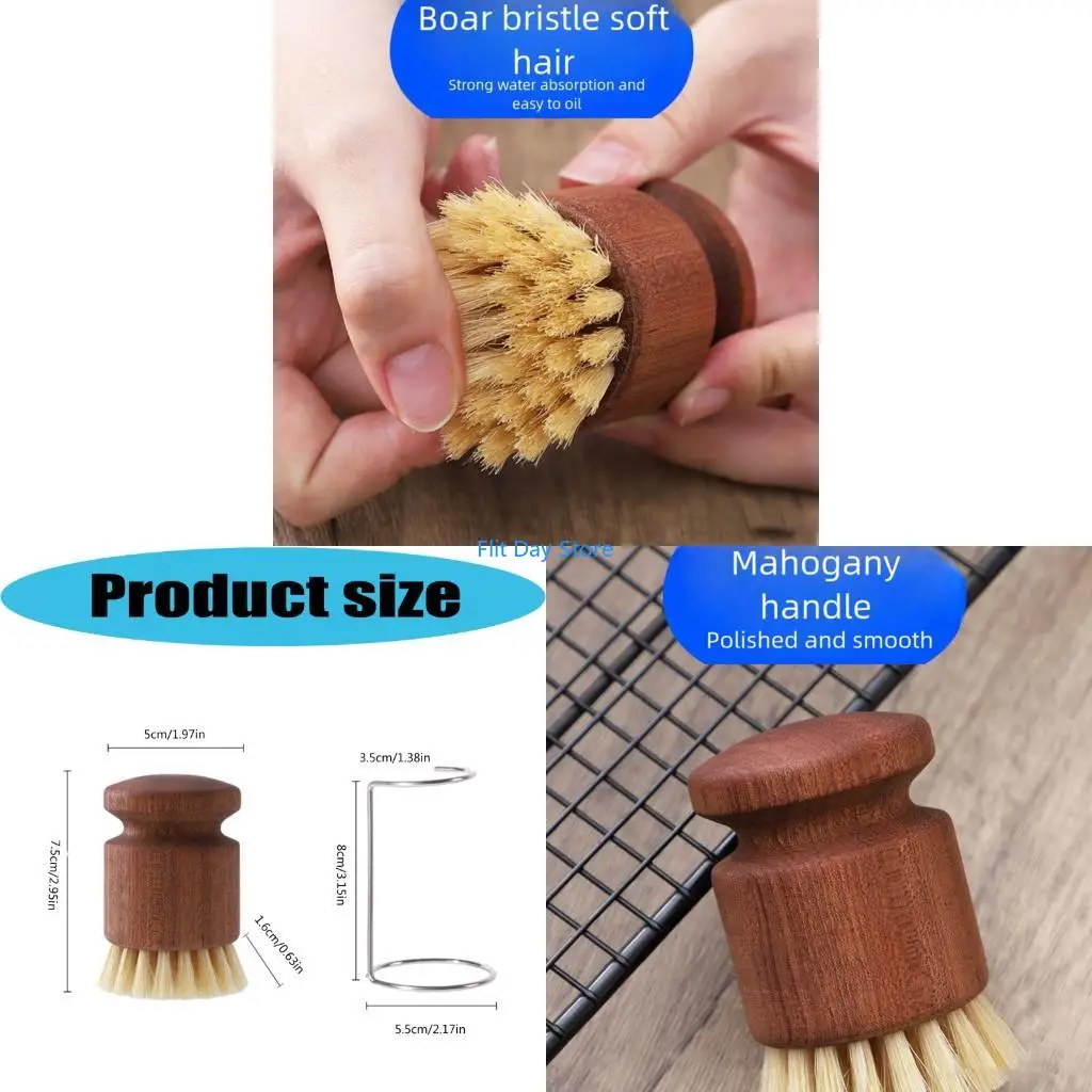 F92C Natural Handle Pig Bristles Pot Brush For Iron Cookware Maintenance And Cleaning