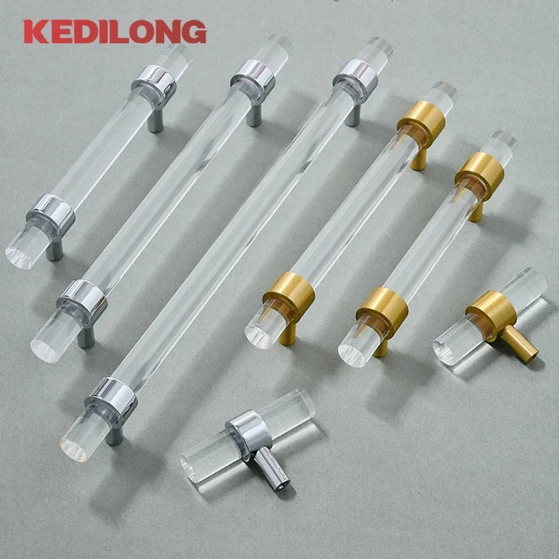 KEDLO Modern minimalist acrylic brass long handle furniture hardware cabinets gold transparent drawers silver T-handles