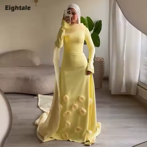 Eightale Arabic Evening Dress O-Neck Prom Gown Customized Satin 3D Flowers Yellow Wedding Party Dress Mermaid Robes De Soir&eacute;e