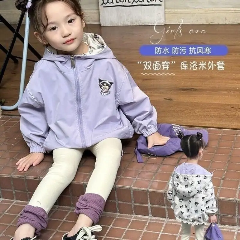 

Популярное пальто Sanrio для девочек Kuromi Kawaii, модные весенне-осенние повседневные студенческие двусторонние детские уличные куртки, новинка