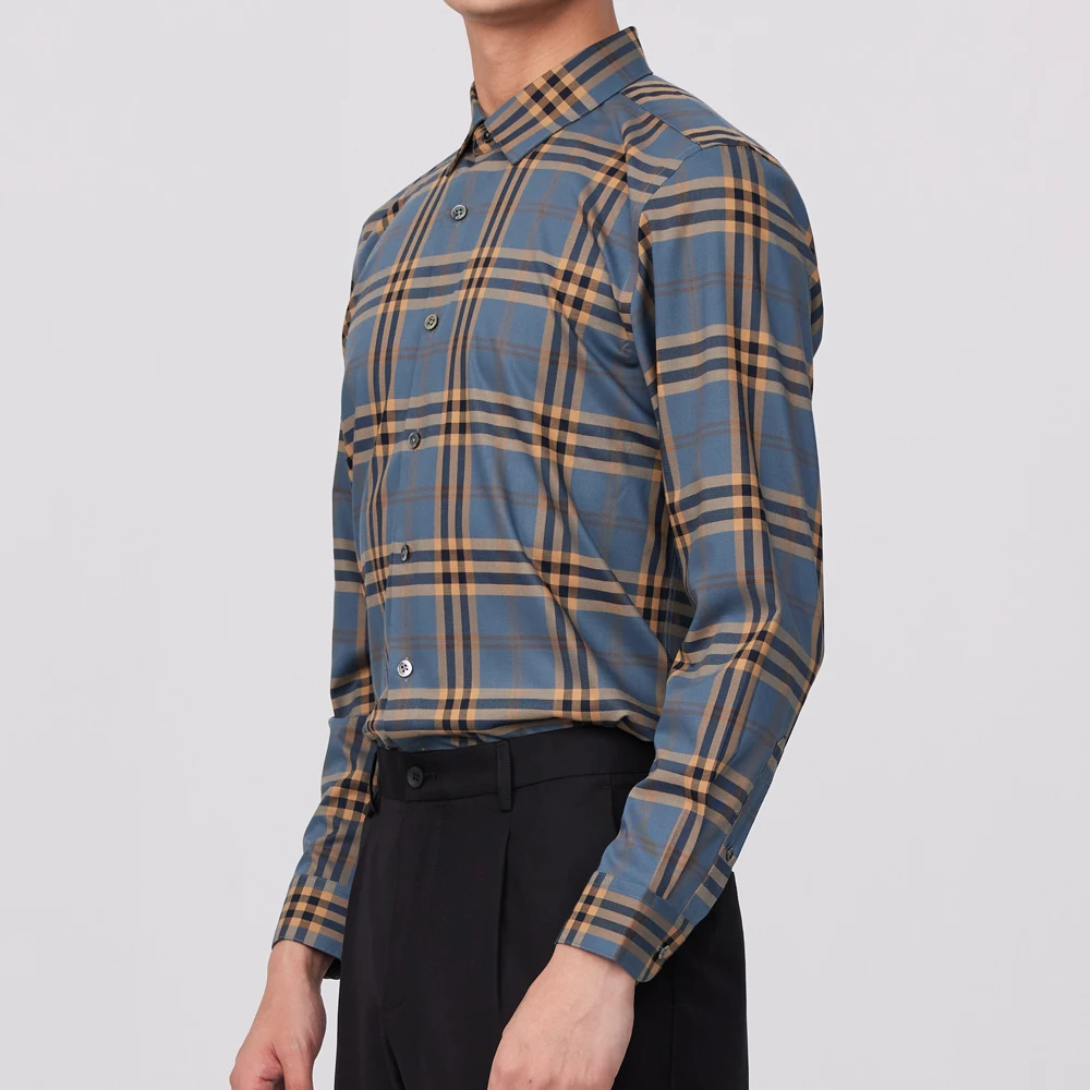 Men's Slight Strech Contrast Plaid Checkered Shirts Without Pocket Comfortable Standard-fit Bamboo Fiber Long Sleeve Dress Shirt