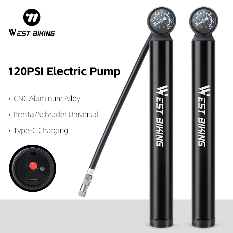 WEST BIKING Portable Bicycle Electric Pump 500mAh Type-C Air Inflator 120PSI MTB Road Bike Pump for Bike Schrader Presta Tires