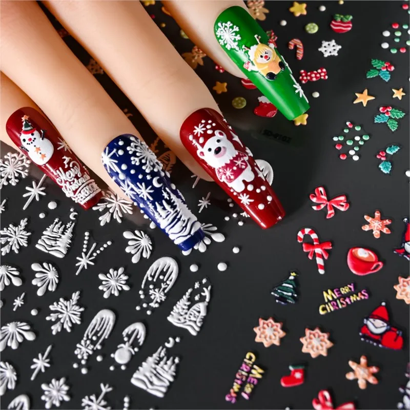 Natal Nail Art Adesivos, 5D gravado flocos de neve, alces dos desenhos animados, Papai Noel padrão Slider, Decalques Manicure Decoração, mais novo, 2023