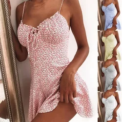 2023 Women Summer Spaghetti Strap Floral Print Tie Front Mini Dress Y2K Sexy Dress Patry Beach Style New All-Match Floral Skirt