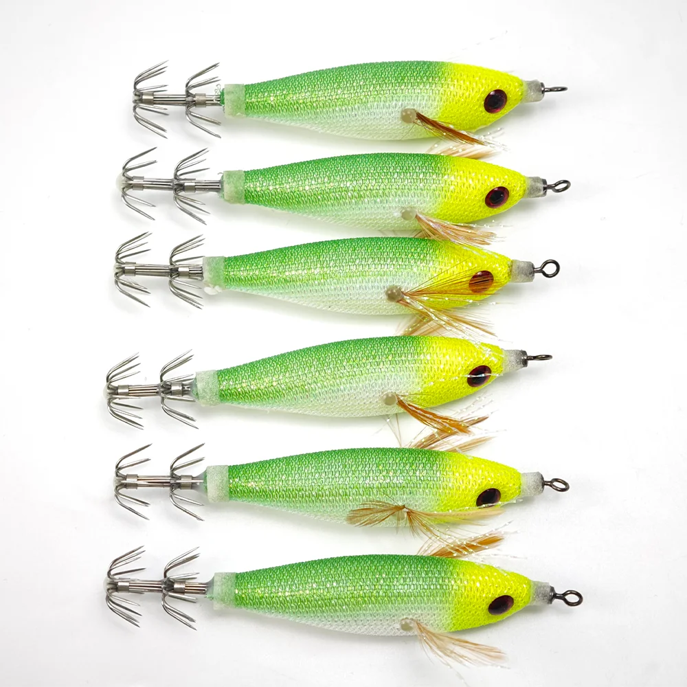 6-teiliges Egi-Set Horizontaler Tintenfisch-Jig Leuchtender Regenbogen-Tintenfisch-Jig UV-Glühköder Garnelen-Köder Oktopus-Tintenfisch-Angelzubehör – Detail 2