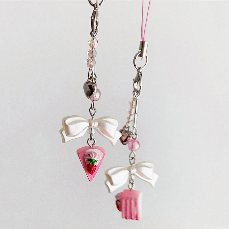 Sweet Cute Strawberry Cake Bowknot Phone Lanyard Y2K Aesthetic Bow Phone Charm Fairy Cell Phone Chain For Girls Gifts