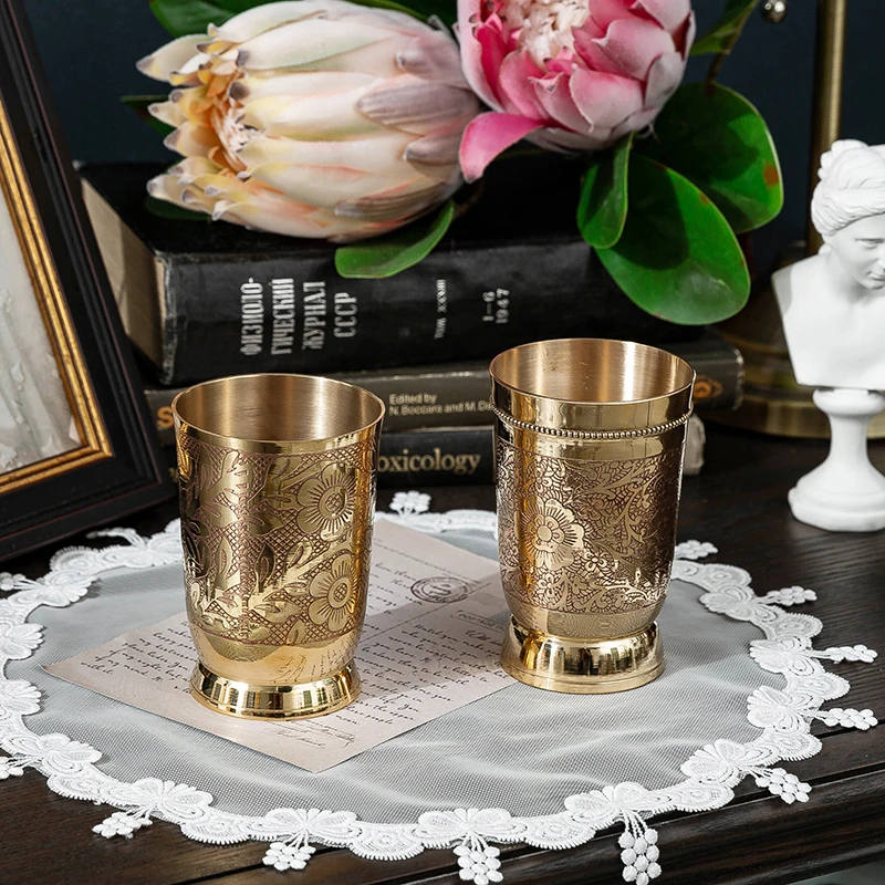 

Exquisite Brass Carved Water Cup Tableware Storage Barrel Study Pen Container European Home Desktop Decoration Brass Craft Gifts