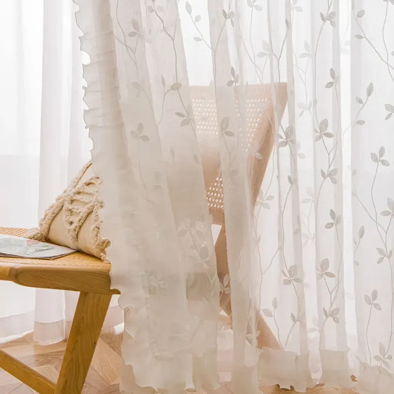 Curtains for Living Dining Room Bedroom American Korean Cotton Linen Embroidery Leaf  Flower Yarn Lace Pattern Decor White Tulle