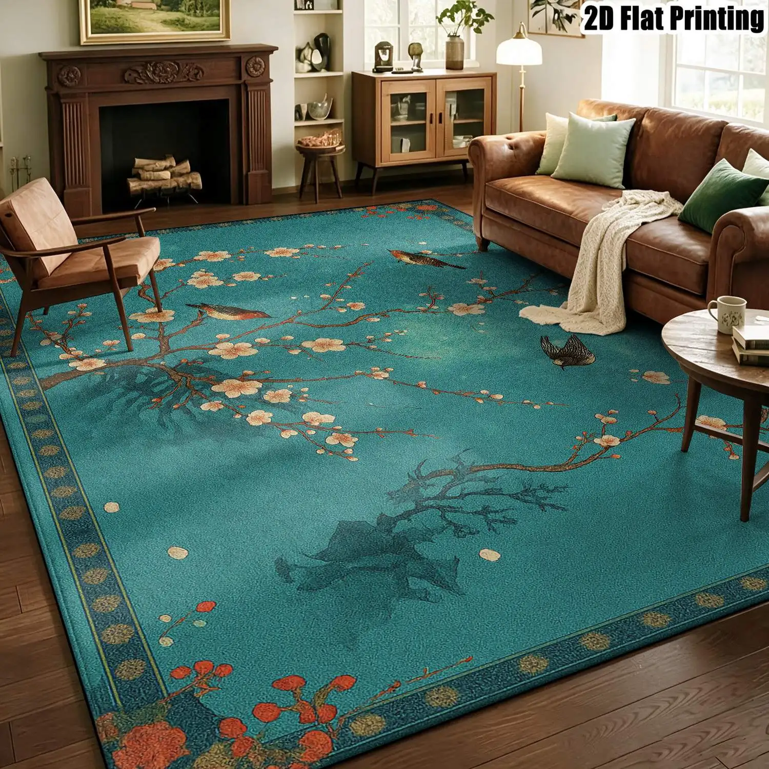 1Pc 2D Printed Carpet: Green Base, Floral&Bird Patterns, Vintage/European/Bohemian/Geometric Striped Styles Multi-Size, Machine Washable, Ideal for Entryway/Dining Room/Foyer/Bedroom/Study as a Mat/Carpet for Home Decor.