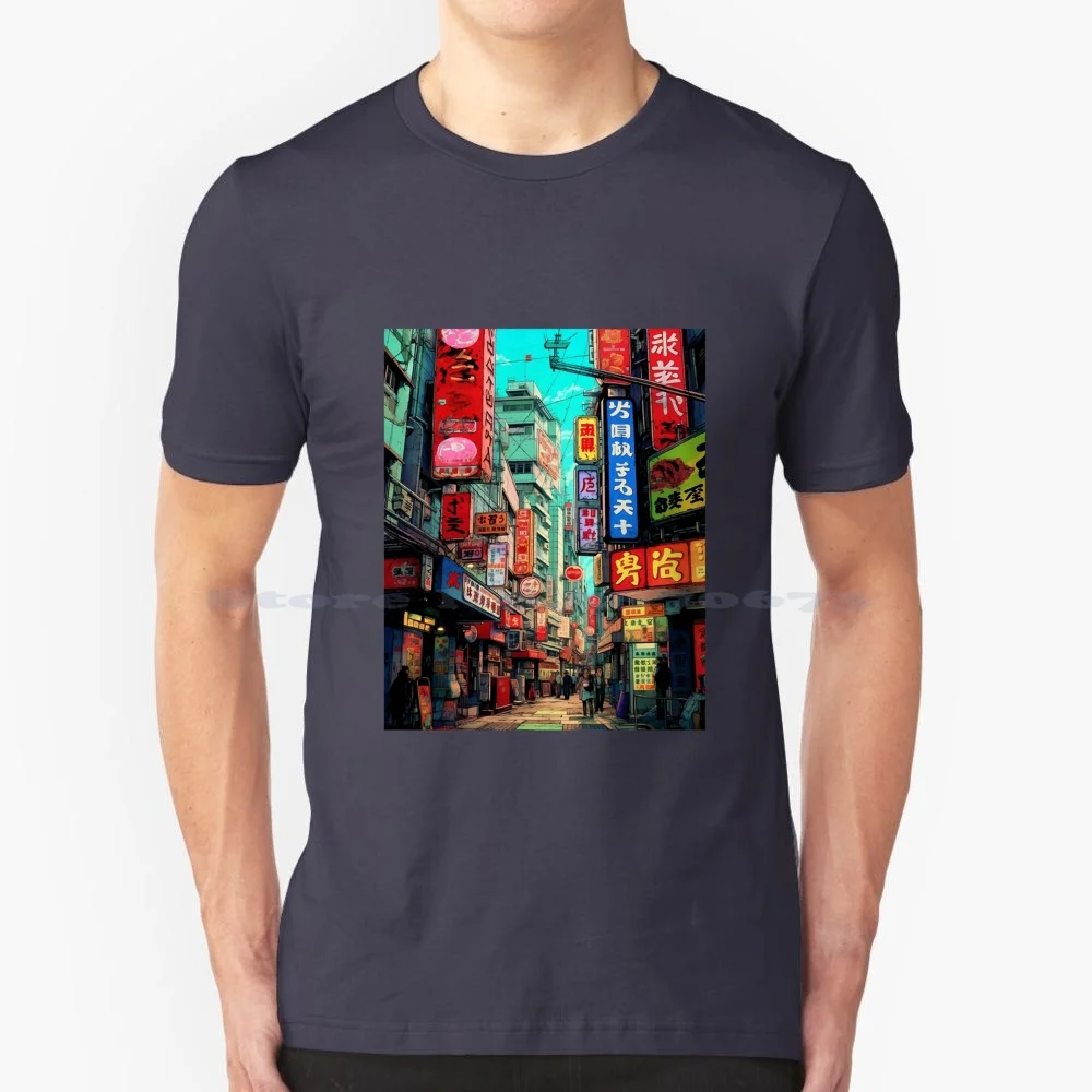 Japanese Street T Shirt 100% Cotton Tee Vertical Masashi Wakui Japanese Neo Japan Anime City Night Japan City Night Tokyo Mall