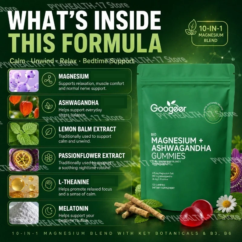 Googeer Magnesium Ashwagandha Gummies with L-Theanine, Lemon Balm & Passionflower for Calm, Stress & Bedtime Support, 120 Count