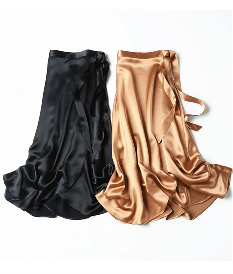 2026 Summer Lace-up One Piece Long Skirts High Waist A-Line Skirts Autumn Office Ladies Black Silk Satin Long Skirts Vestidos