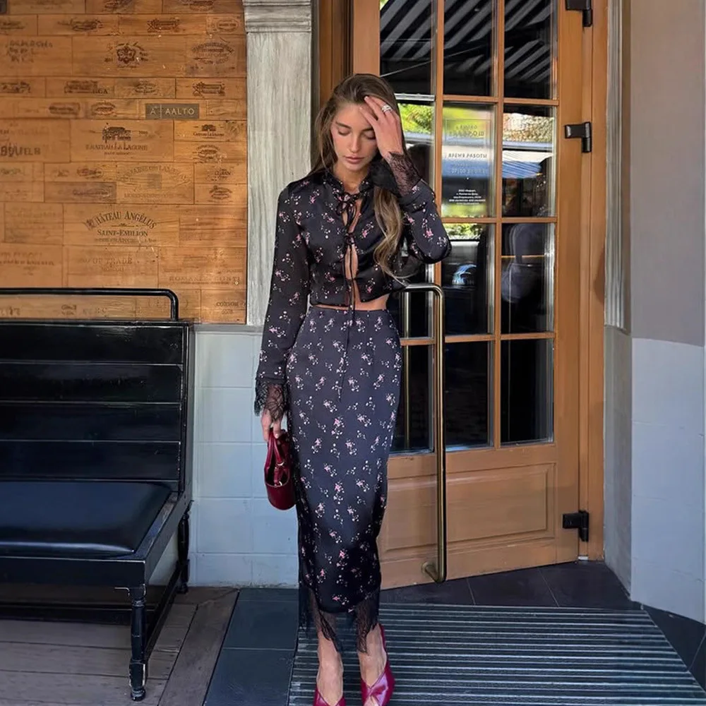 Lace Floral Print Long Skirt Sets Women Tie Up Full Sleeve Waist Cinching Top Skirts Suit Lady Autumn Daily Street Outfits 2026