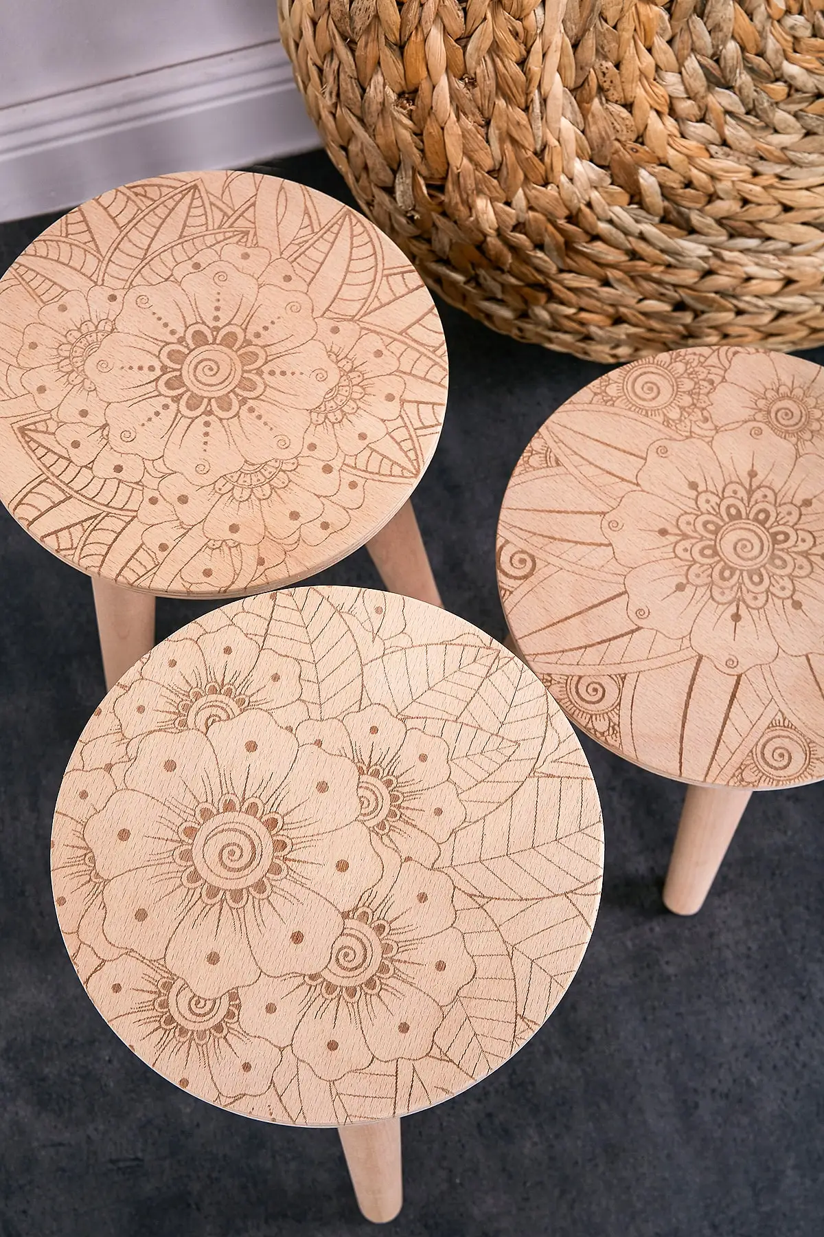 Wooden Solid Pattern 3-Set Round Stool- Flowerpot Child Stool Chair Decorative Flowerpot