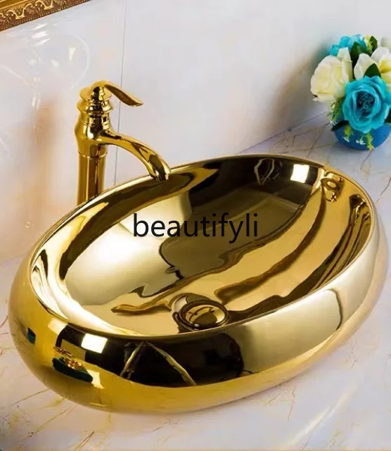 European style countertop basin, bathroom wash basin, light luxury face wash golden porcelain basin