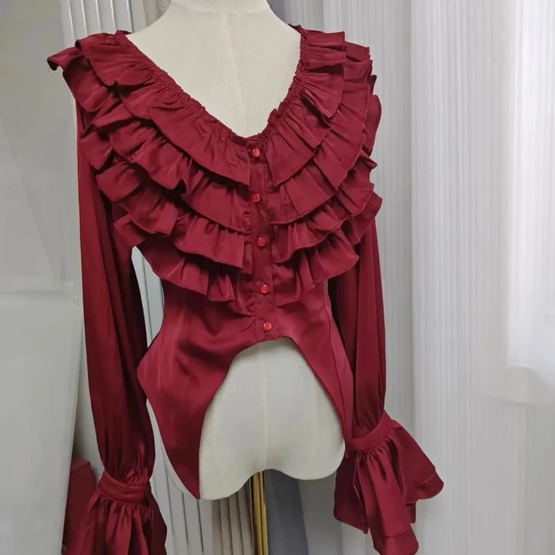 Vintage Viktorianischen Lolita Stil Shirts Frauen Elegante Gothic V-ausschnitt Flare Hülse Blusen Weibliche Y2k Ästhetischen Casual Tops Blusas