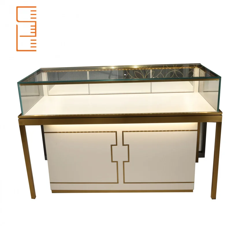 Customized-Design Commercial Wall Mounted Retail Acrylic Glass Jewelry Display Table Counter Showcase Led Lights