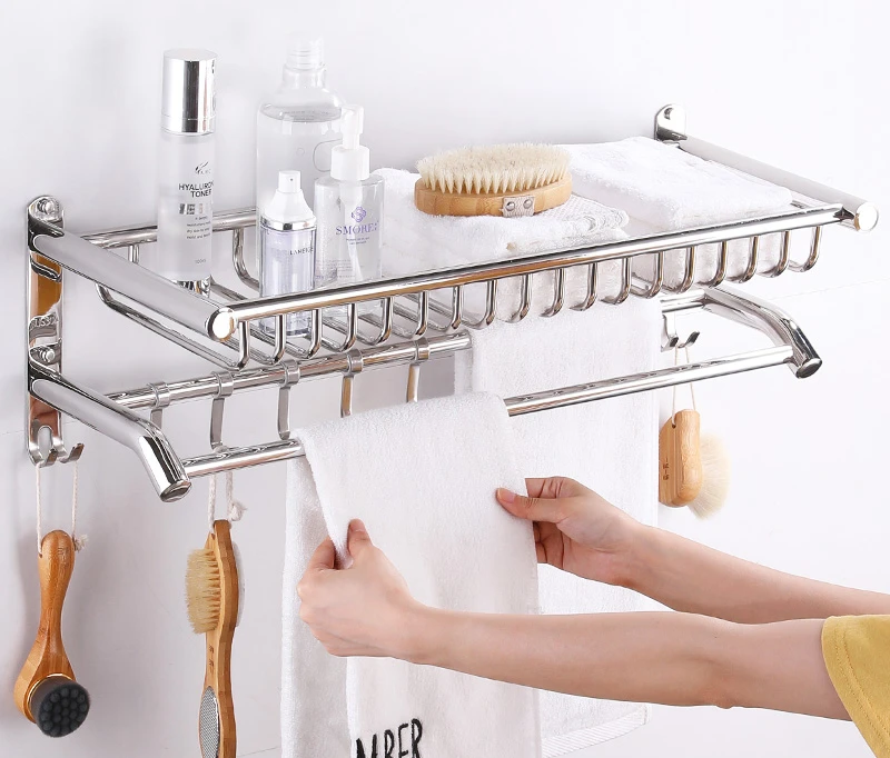 Towel Rack 304 Stainless Steel 2-Layer Storage Rack Bathroom Clothes Rack Bath Drying Towel Bathroom Pendant