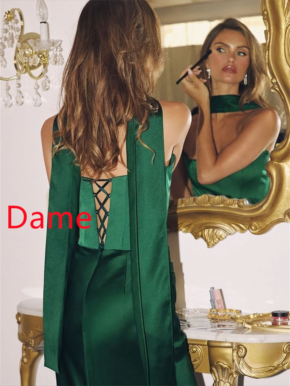 ชุดราตรีผ้าซาตินสีเขียวหรูหราแบบนางเงือกสั่งตัดพิเศษ ชุดเดรสงานเลี้ยงแบบคลาสสิกไม่มีสายและแขน ชุดราตรีงานพิเศษสั่งตัด