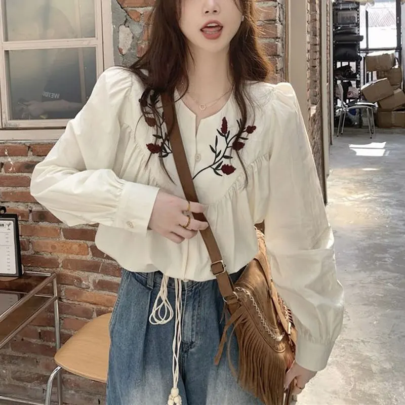 Folk Vintage Floral Embroidery Shirt Female Clothing Single-breasted Spring Autumn Long Sleeve Stylish Folds Loose O-Neck Blouse