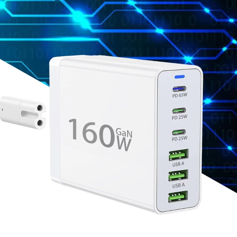 

160W USB C Charging Station 6 Port Fast Charging with 3 USB C and 3 USB A for 6 Devices Simultaneously Power Supply