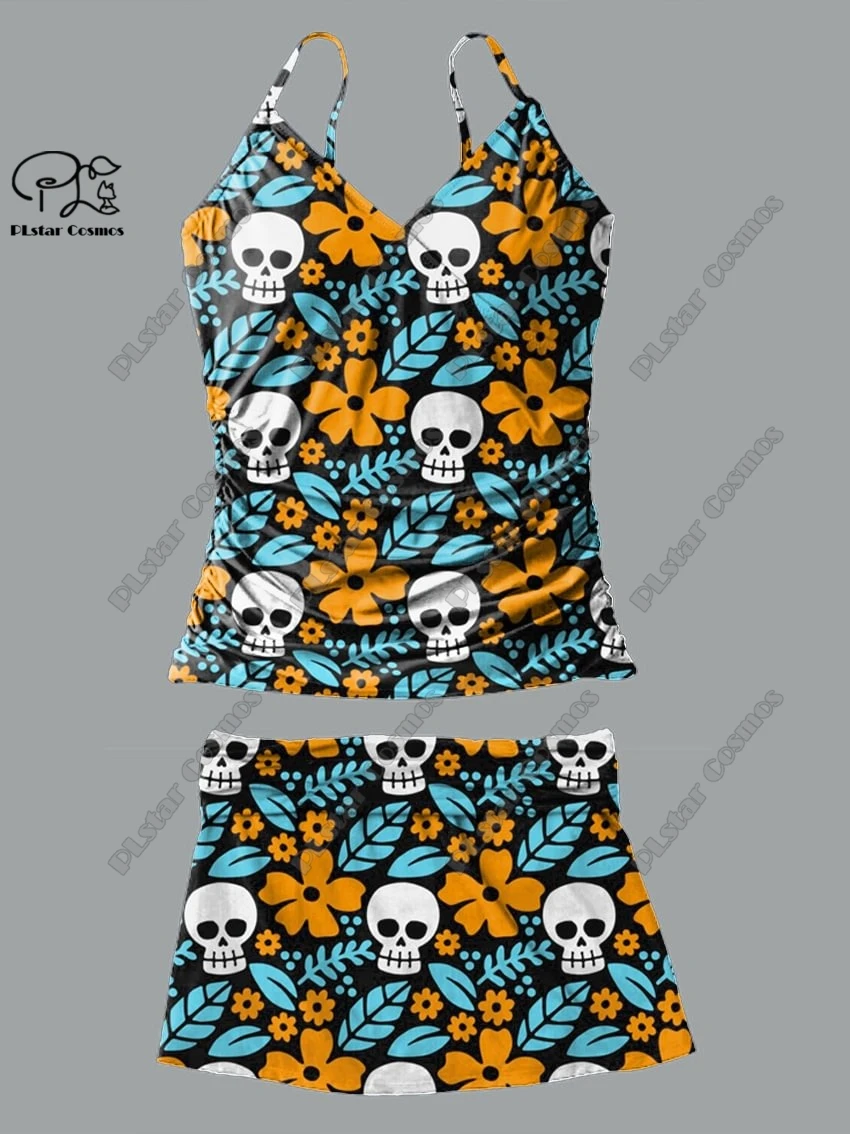 Maiô de duas peças com estampa floral decote em v feminino, saia suspensor, terno estilo feriado, pequeno verão fresco, novo, Q-25